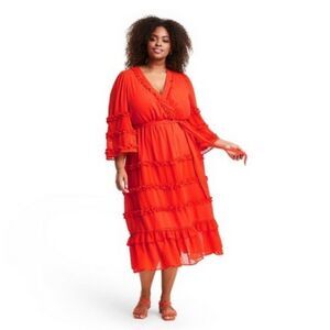COPY - Vibrant Reddish Orange Alexis Angel Sleeve Tiered Ruffle V-Neck Midi Dre…
